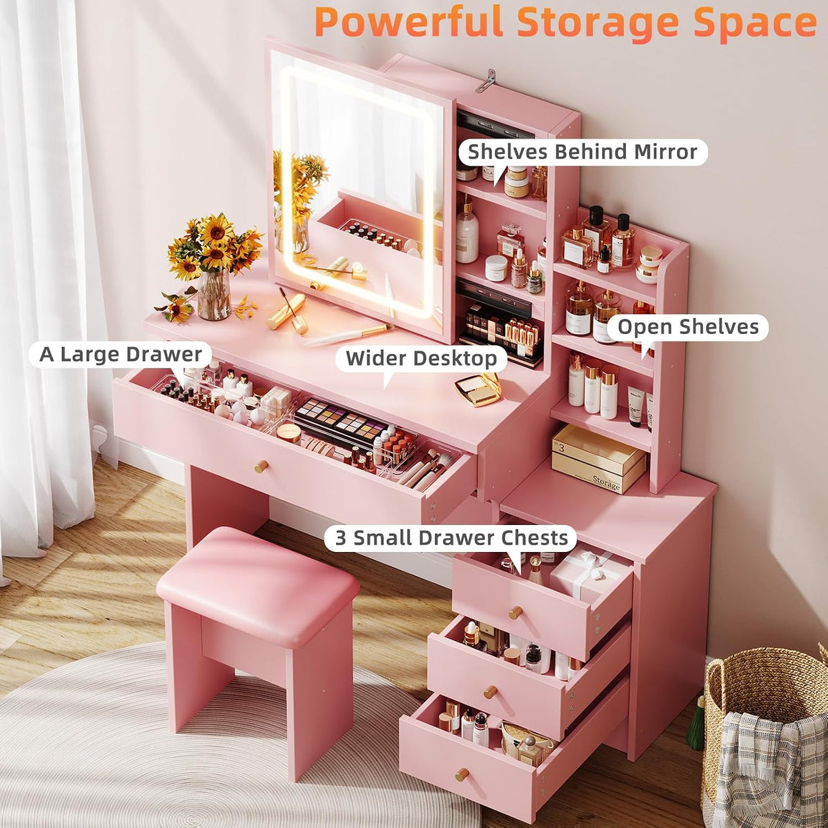 Memobarco Pink Makeup Vanity Desk with Sliding Mirror & 4 Drawers