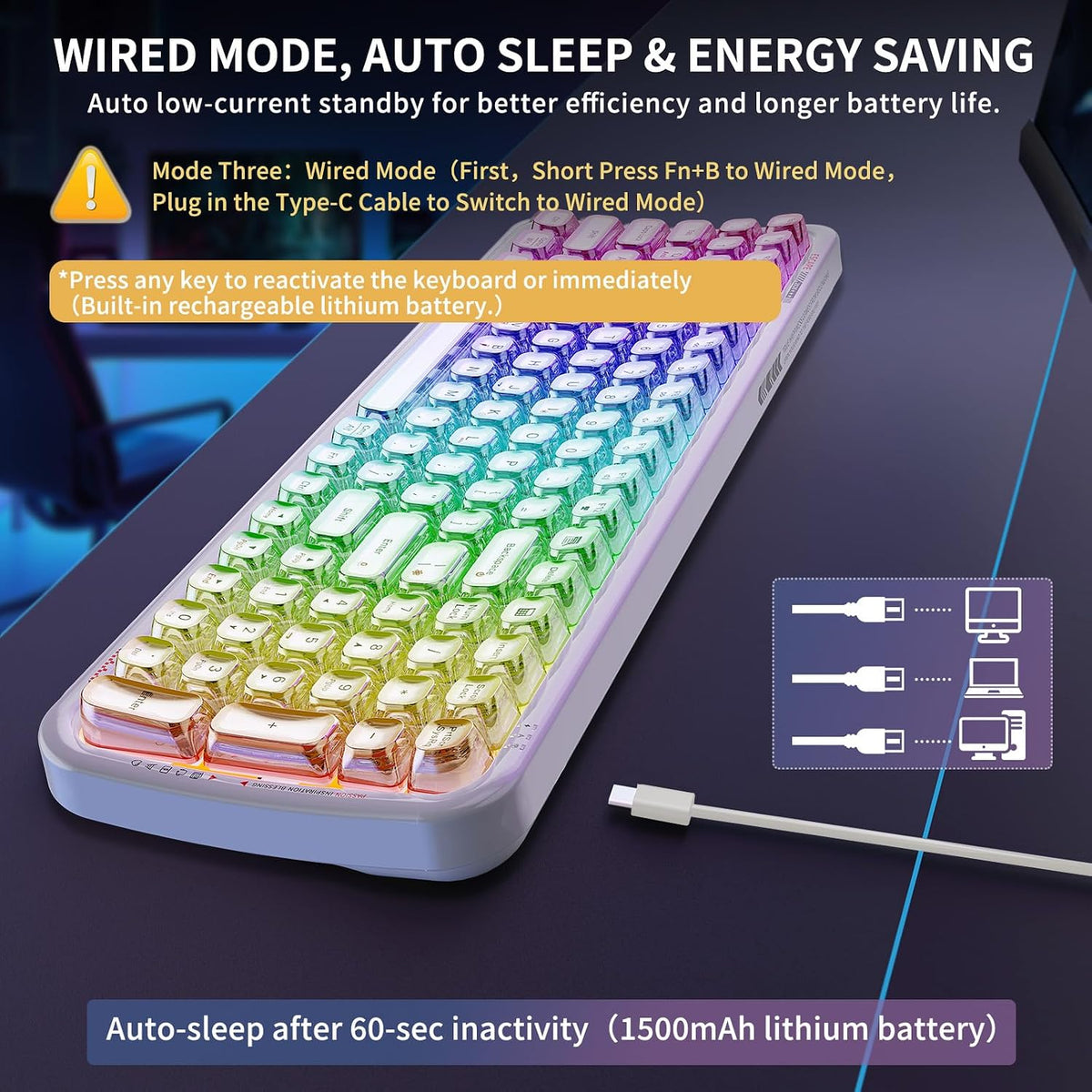 FOPETT Wireless Computer Keyboard with RGB Backlit, Tri-Mode Bluetooth 5.0/USB-C/2.4GHz Ergonomic Gaming Keyboard - Full-Size Rechargeable Transparent Keycap for Laptop/Windows/PC - White