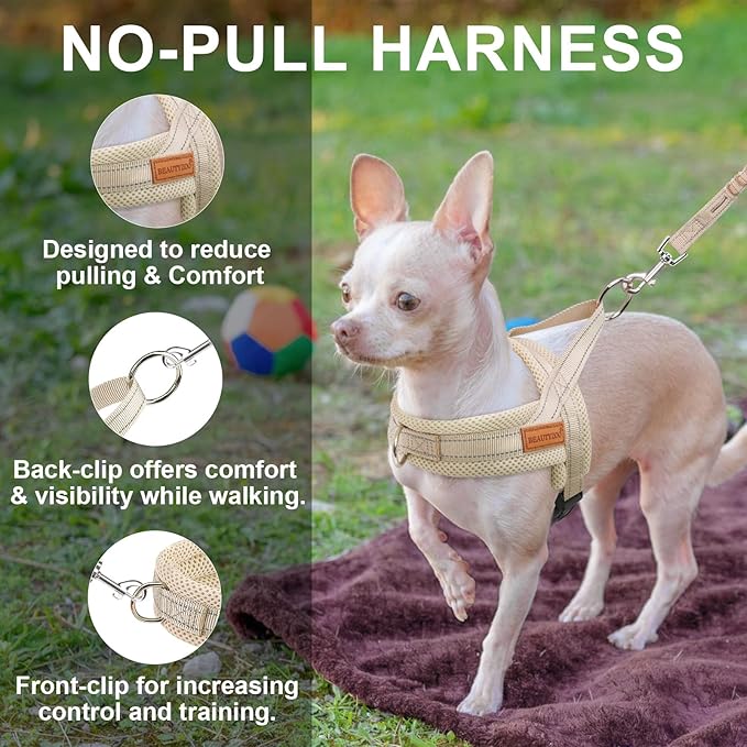 BEAUTYZOO Dog Harness for Small Dogs, No Pull Dog Harness and Leash Set, Soft Escape Proof Puppy Vest Harness with Handle, Reflective Lightweight Step in Harness for Girl Boy Dogs, Beige L
