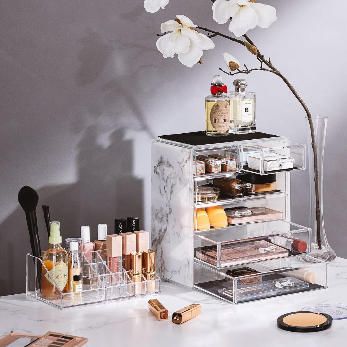 Sorbus Makeup Organizer, 6-Drawer Acrylic 2-Piece Set (Marble Print)
