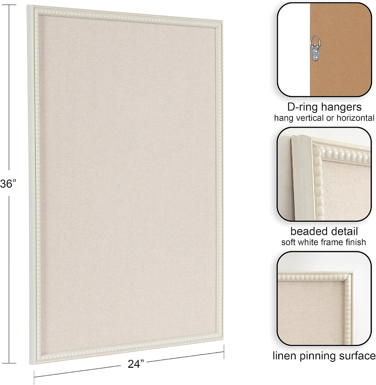 Kate and Laurel Makenna Rectangle Framed Linen Fabric Pinboard, 24 x 36, Soft White, Traditional Beaded Bulletin Board for Vintage Home Wall Organization or Aspirational Vision Board