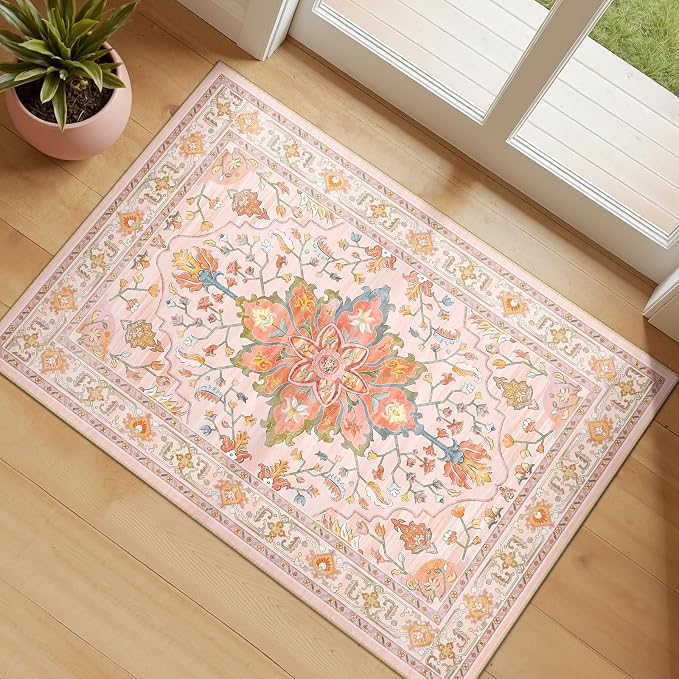 RELEANY Area Rugs Small 2'x3' Washable Non-Slip, Floral Vintage Distress