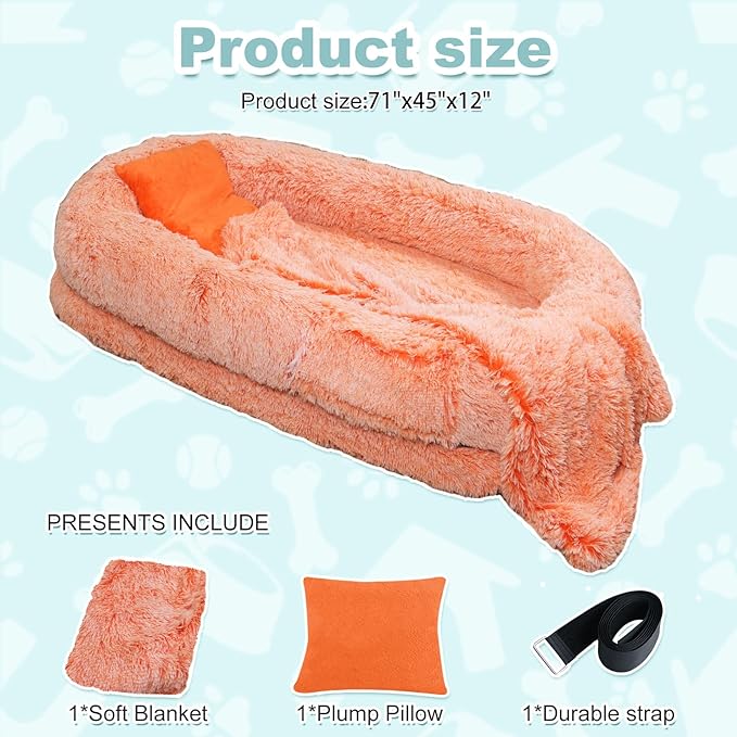 YAEM Human Dog Bed for Adult and Pets - 71"x45"x12" Dogs Beds for Humans with Washable Faux Fur Cover, Plump Pillow, Blanket, Orthopedic Design, Strap-OrangeWhite