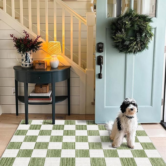 Green White Checkered Entry Rug