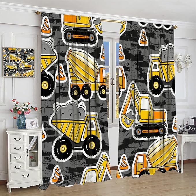 Kids Construction Excavator Window Curtains