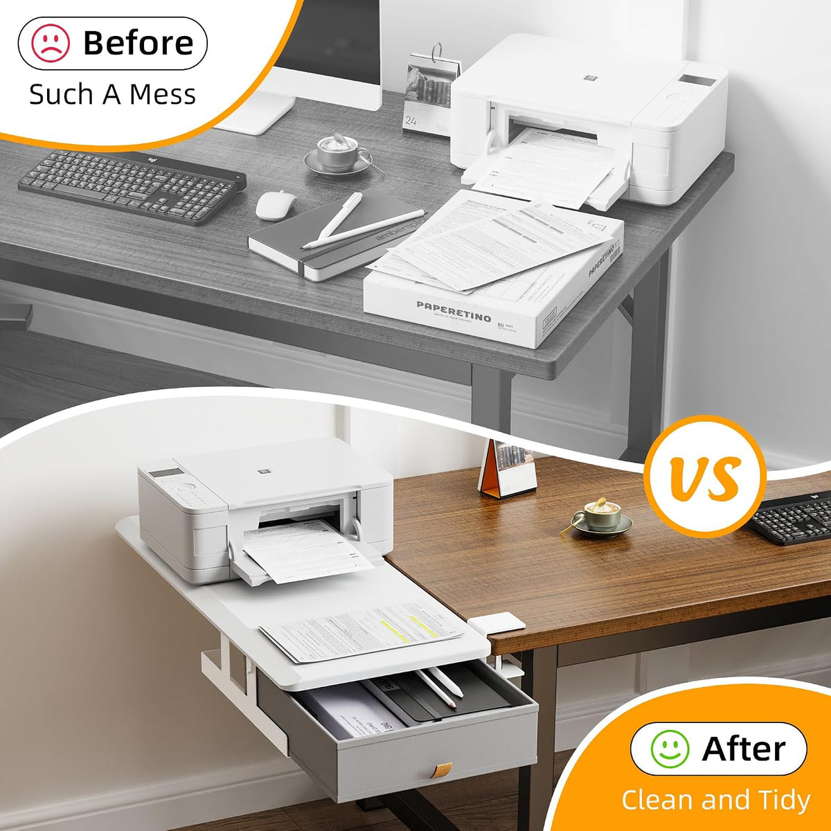 ETHU Desk Side Extender Tray with Storage Drawer, 25.6x11.4, White