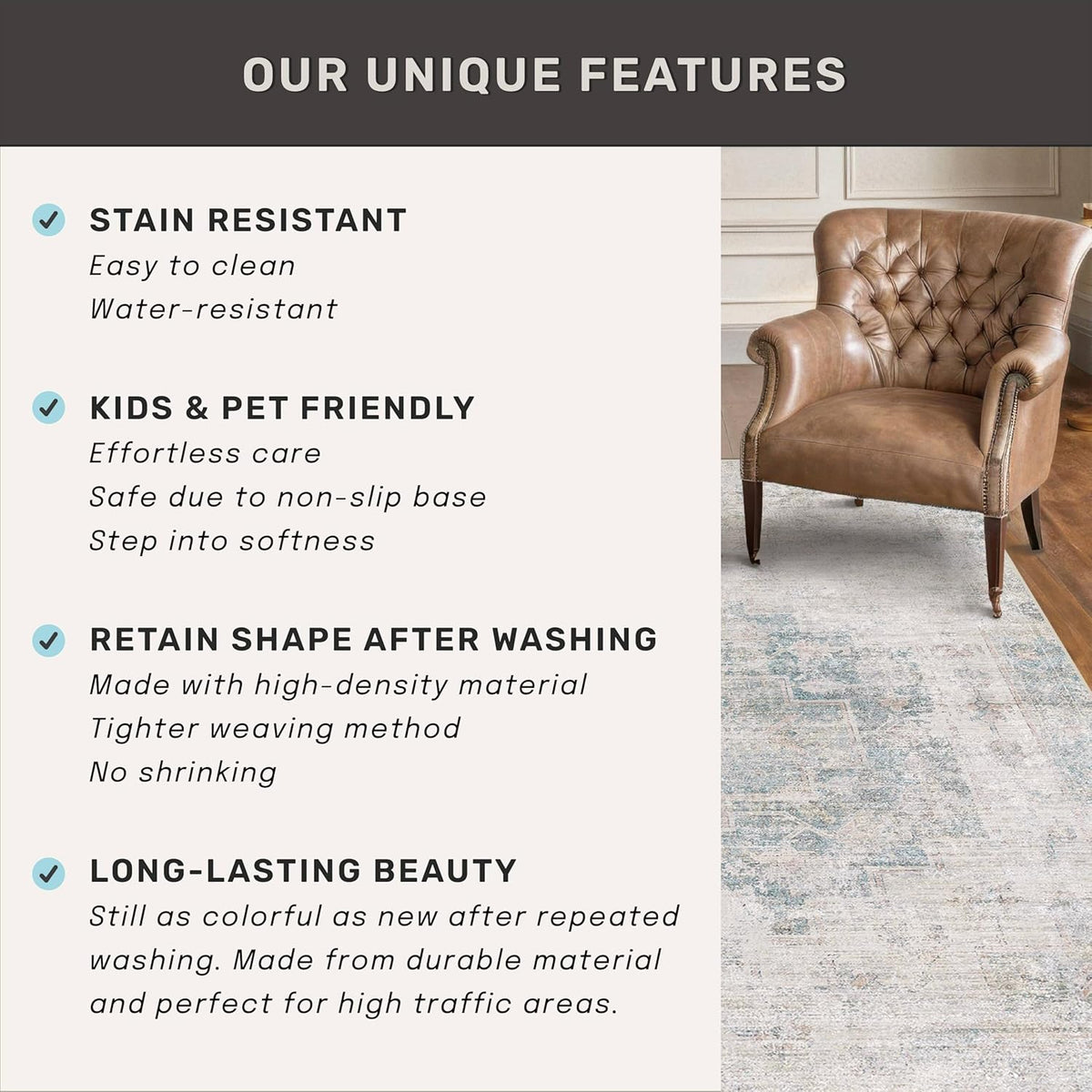 Low Pile Office Rugs for Rolling Chairs - 5x7 Abstract Rugs for Living Room, Large Entryway, Cream Slate Blue Decor, Non Slip with Rubber Backed & Stain Resistant, Distressed Design