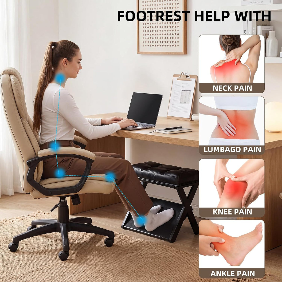 Foot Rest Under Desk at Work, Solid Wood Double Step Footrest