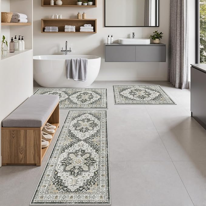 Madane Washable Kitchen Rug Set of 3, Small Area Rug Non-Slip Vintage Entryway