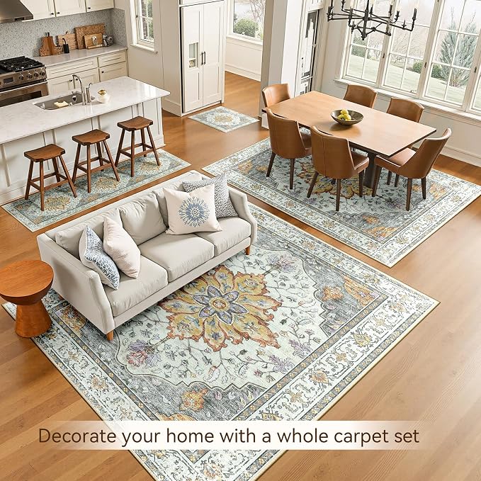RELEANY Area Rugs 6'x9' Washable Non-Slip, Floral Vintage Distress Medallion