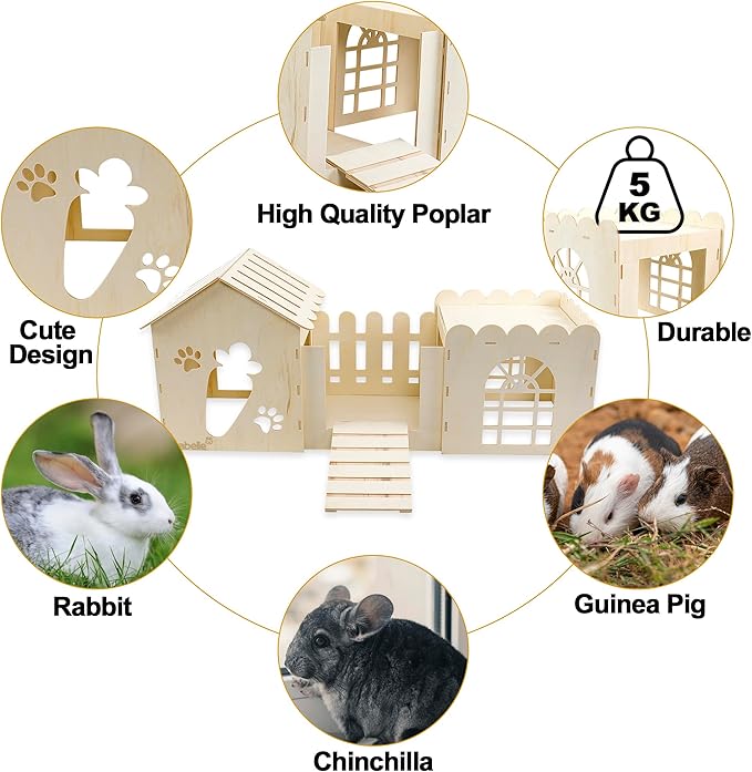 Large Rabbit Wooden Hideout House, Multi-Chamber Small Animal Wooden Castle Cage, Bunny Playhouse Habitat Decor Tunnel for Dwarf Rabbit Guinea Pig Chinchilla Hedgehog Squirrel
