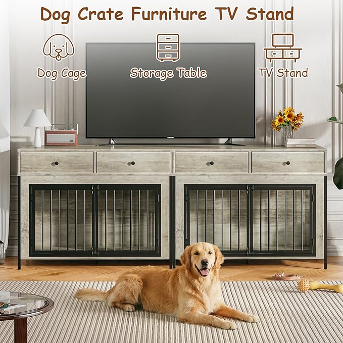 PUKAMI 44inch Large Dog Crate Furniture with Drawers, Wooden Dog Kennel Furniture for Indoor use, Grey End Table Dog House, for Small/Medium/Large Dog, 2-Pack Set