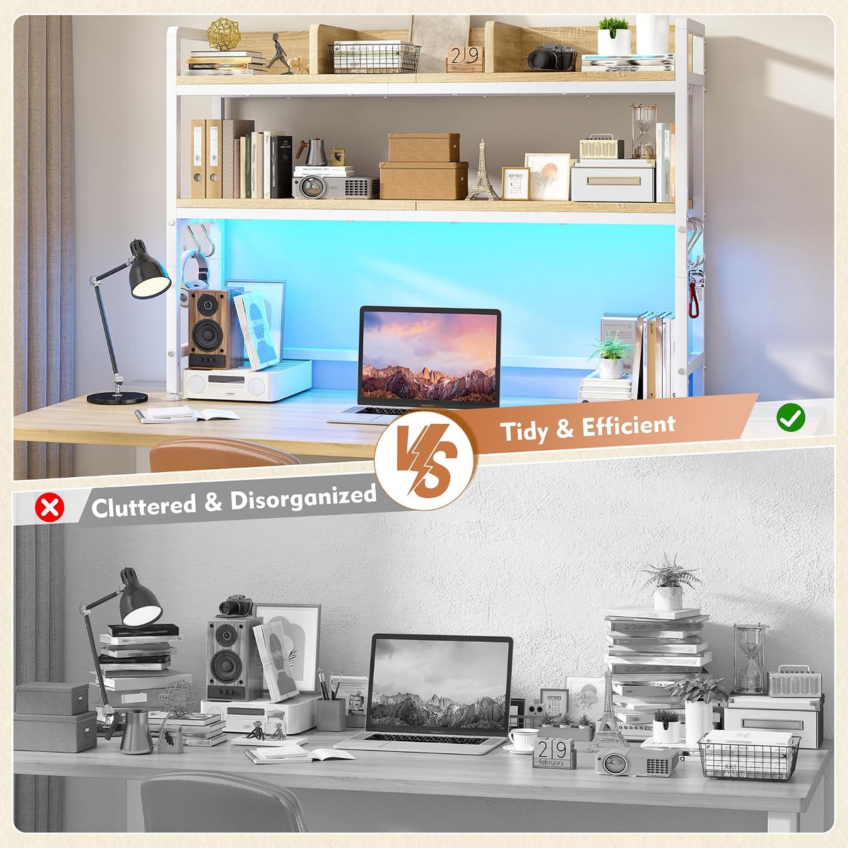 REIBII 2-Tier Desk Shelf, LED, Bedroom and Home Office, White