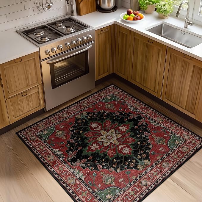 RELEANY Area Rugs Square 4ft Washable Non-Slip, Floral Vintage Distress