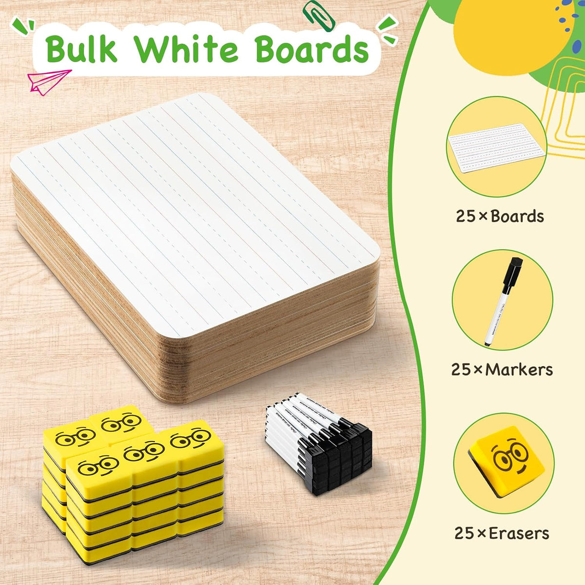 Ohuhu 25 Pack 9x12 Lined/Plain Double-Sided Whiteboard with Markers Erasers