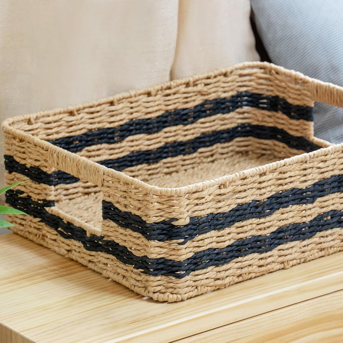 Handwoven Paper Rope Storage Basket, Rectangular Wicker Organizer