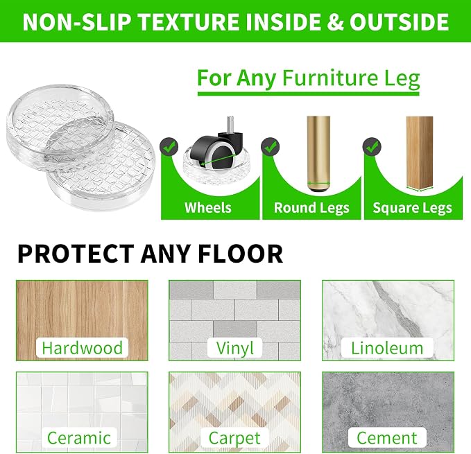 1.6"x1.6" Round Rubber Furniture Caster Cups, Carpet Protector