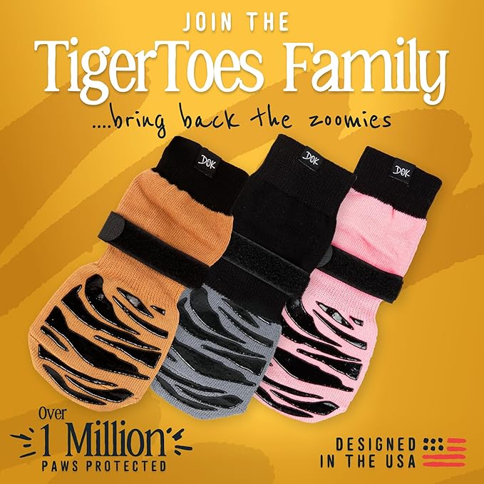 DOK TigerToes Premium Non-Slip Dog Socks for Hardwood Floors - Extra-Thick Grip That Works Even When Twisted - Prevents Licking, Slipping, and Great for Dog Paw Protection (XXS, Cool Caramel)