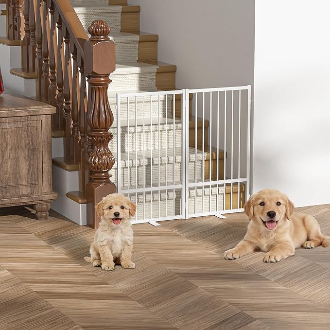 Full Metal Freestanding Dog Gate with Door, 36''Height Foldable Pet Dog Fence for Indoor & Outdoor, 2 Panels Extra Wide Free Standing TallDog Gates for Doorways,House,Stairs,Porch,Deck,Yard