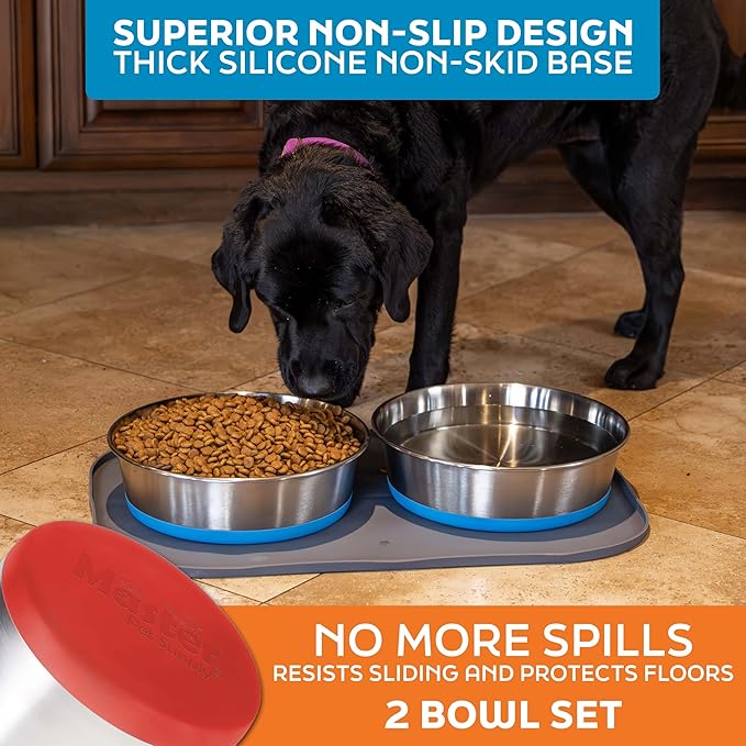 Master Pet Supply Stainless Steel Dog Bowls Set of 2 with Extra Thick Silicone Base - 16 Cup (128 oz) Crimson Red, Non-Slip, Dishwasher Safe Metal Bowls, Pet Dog Food Bowl for Dogs, Cats, Anti Rust