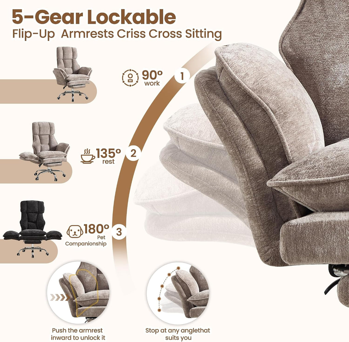 Big and Tall Office Chair with Flip Arms and Footrest, Chenille Criss Cross Legged Home Office Desk Chair with Pet Seat, Comfy Reclining Computer Gaming Chair, Khaki