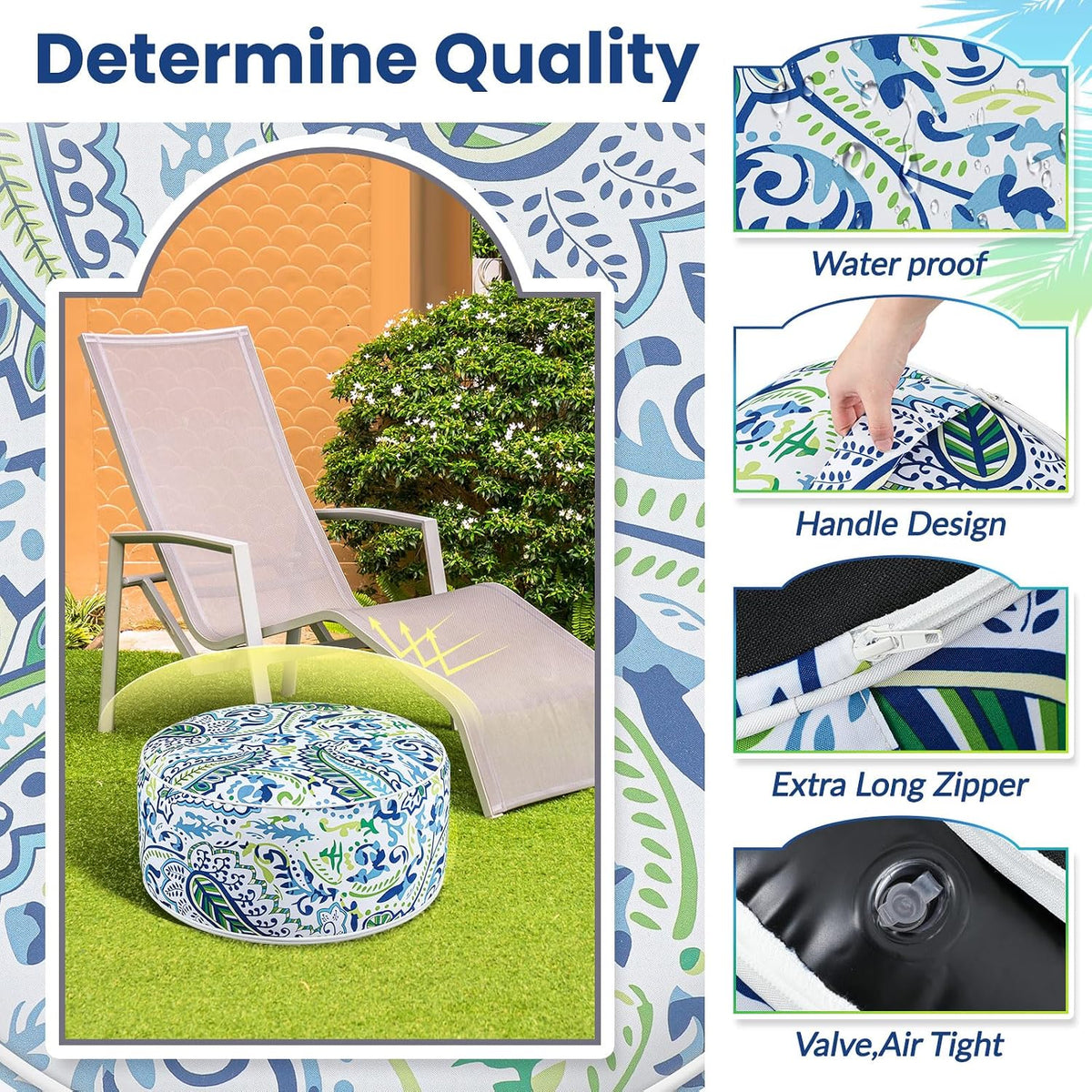 Cinnvoice 2 Pcs Inflatable Indoor Outdoor Ottoman Pouf with Handle D21 x H9 Inch Waterproof Round Pouf Ottoman Portable Footstool for Patio Garden Camping or Home Pool(Paisley)