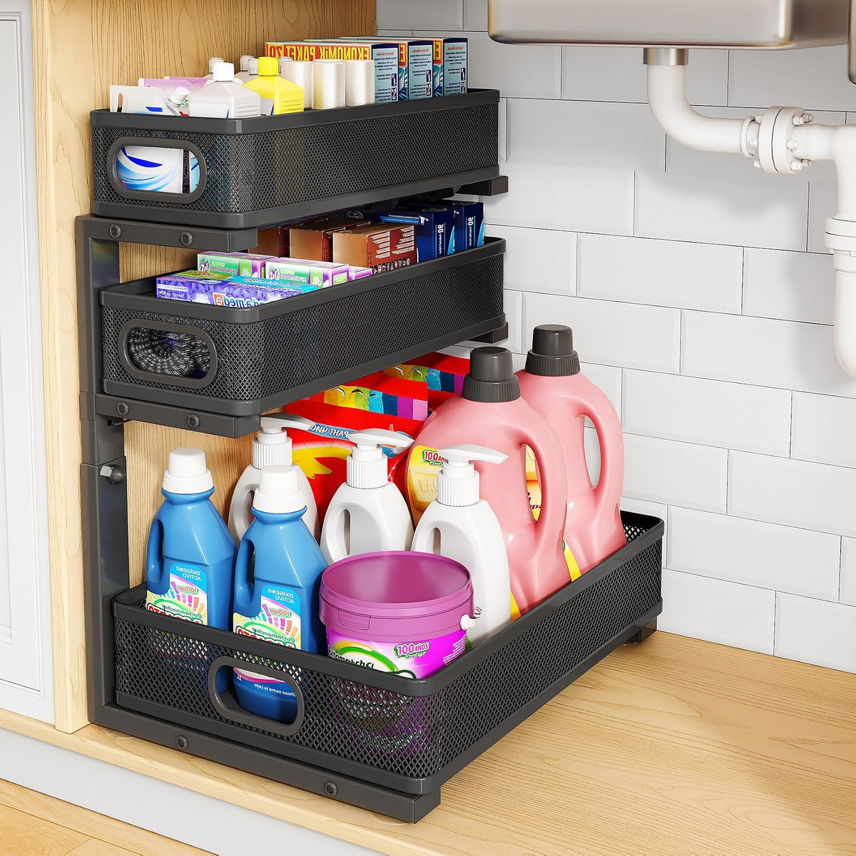 Under Sink Organizer, 3-Tier Thickened Metal Pull out Cabinet Organizer Shelf, Height Adjustable Slide out Storage Drawer Rack for Kitchen Bathroom Pantry Laundry Home Organization, 1-Pack, Black