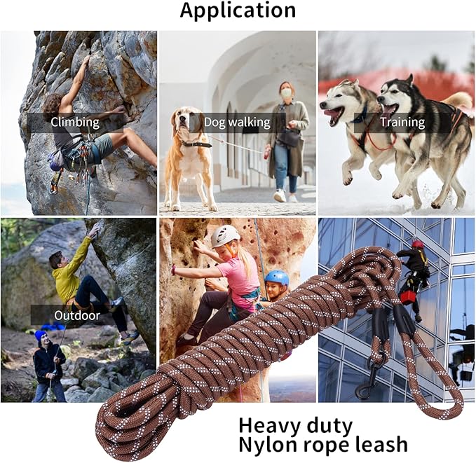 Long Dog Leash for Training 50Ft-Reflective Nylon Rope with Swivel Hook-Recall Agility Lead for Large Small Medium Dogs Outside Walking Hiking-Brown
