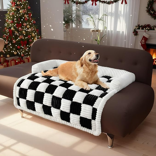 LiveGo Fuzzy Pet Couch Covers for Sofa, Dog Couch Cover Fuzzy Sofa Cover Cream Square Plaid Dog Bed Plush Dog Mat for Furniture Protector for Large Medium Dogs and Cats