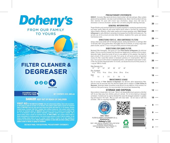 Doheny's Pool Filter Cleaner Degreaser | 100% Professional-Grade | Prevents