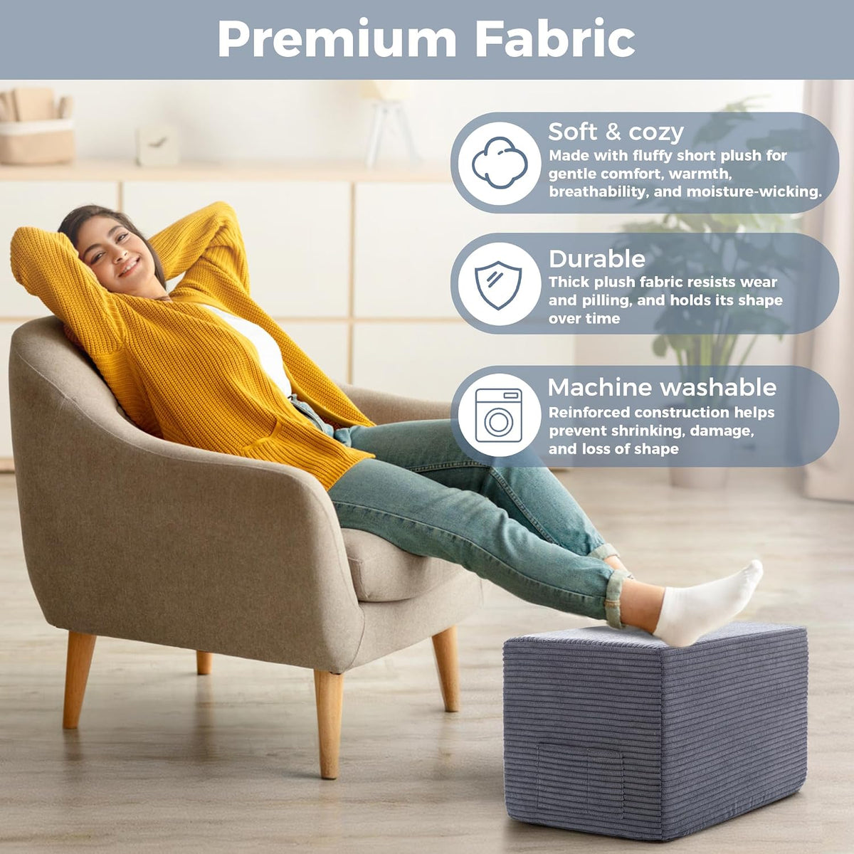 Rectangular Pouf Ottoman, Foam-Filled Footrest, Dark Gray