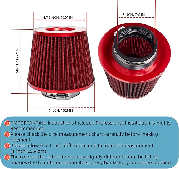 Universal Clamp-On Air Intake Filter, High Performance, Washable Filter
