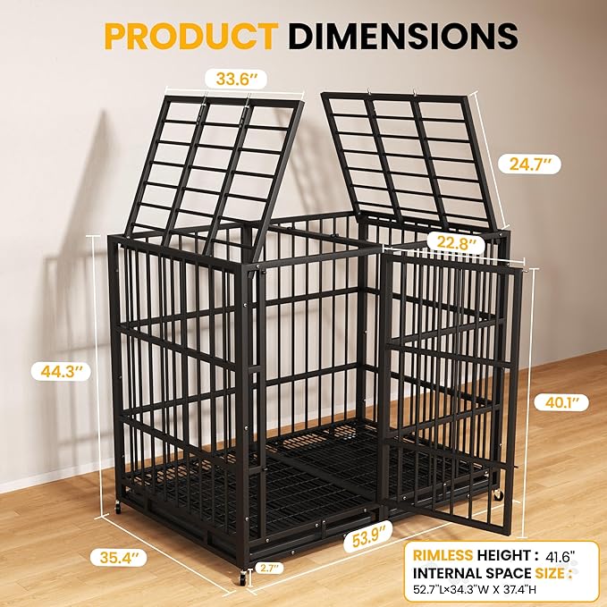 54 Inch Heavy Duty Dog Crate Indestructible XL Steel Escape Proof, Indoor High Anxiety Cage Kennel with Wheels, Removable Tray, Extra Large Kennel XL XXL