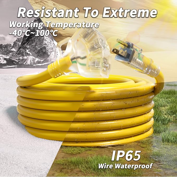 25 FT 12/3 Gauge Outdoor Extension Cord with Multiple Outlets Light Indicator, Flexible 3 Outlet Weatherproof Heavy Duty Extension Cord Waterproof Yellow, 15A 1875W 12AWG SJTW, ETL Listed