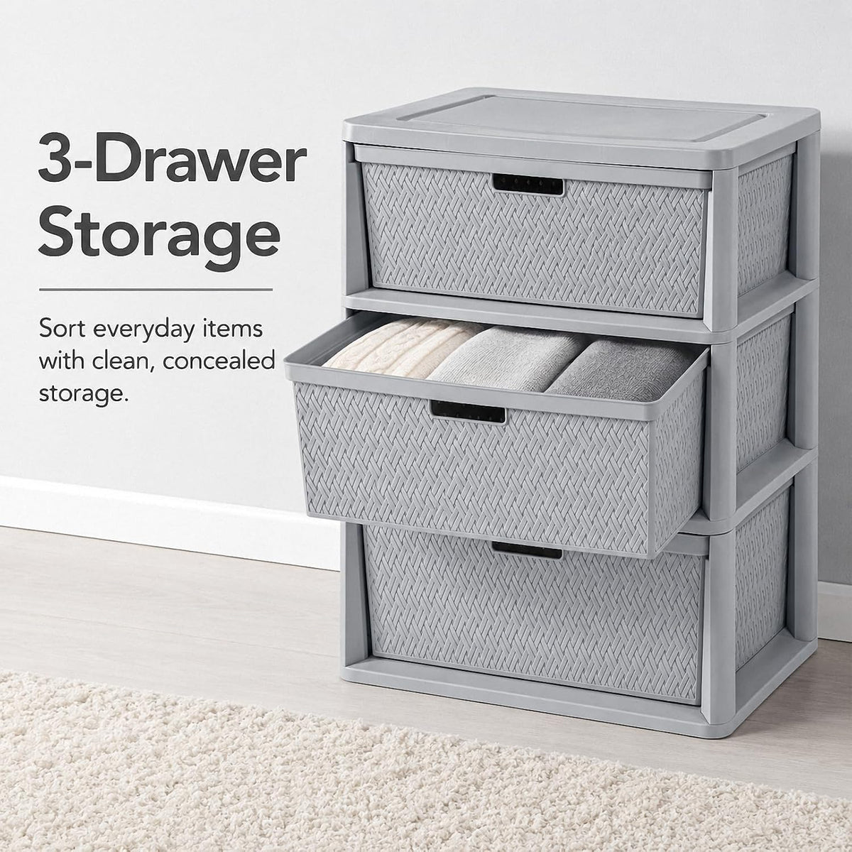 3 Drawer Storage Organizer, Plastic Drawer Organizer Tower, Gray