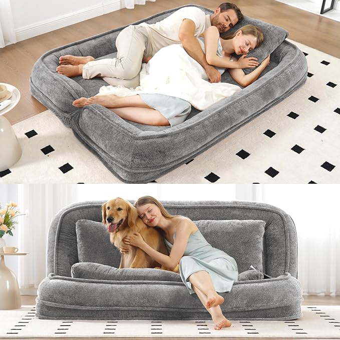 Double Human Dog Bed for Adult and Kids, Comfy Foldable Lazy Floor Loveseat Sofa Bed with 5 Adjustable Position, Upholstered Floor Bean Bag Lounger Chair for Bedroom, Living Room, Office (Gray .)