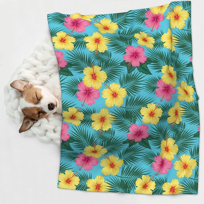 Double Sided Plush Pet Blanket with Cozy Dot Texture and Smooth Reverse, Hawaii Tropical Floral Plants, Reversible Throw for Dogs Cats on Couches Beds Crates