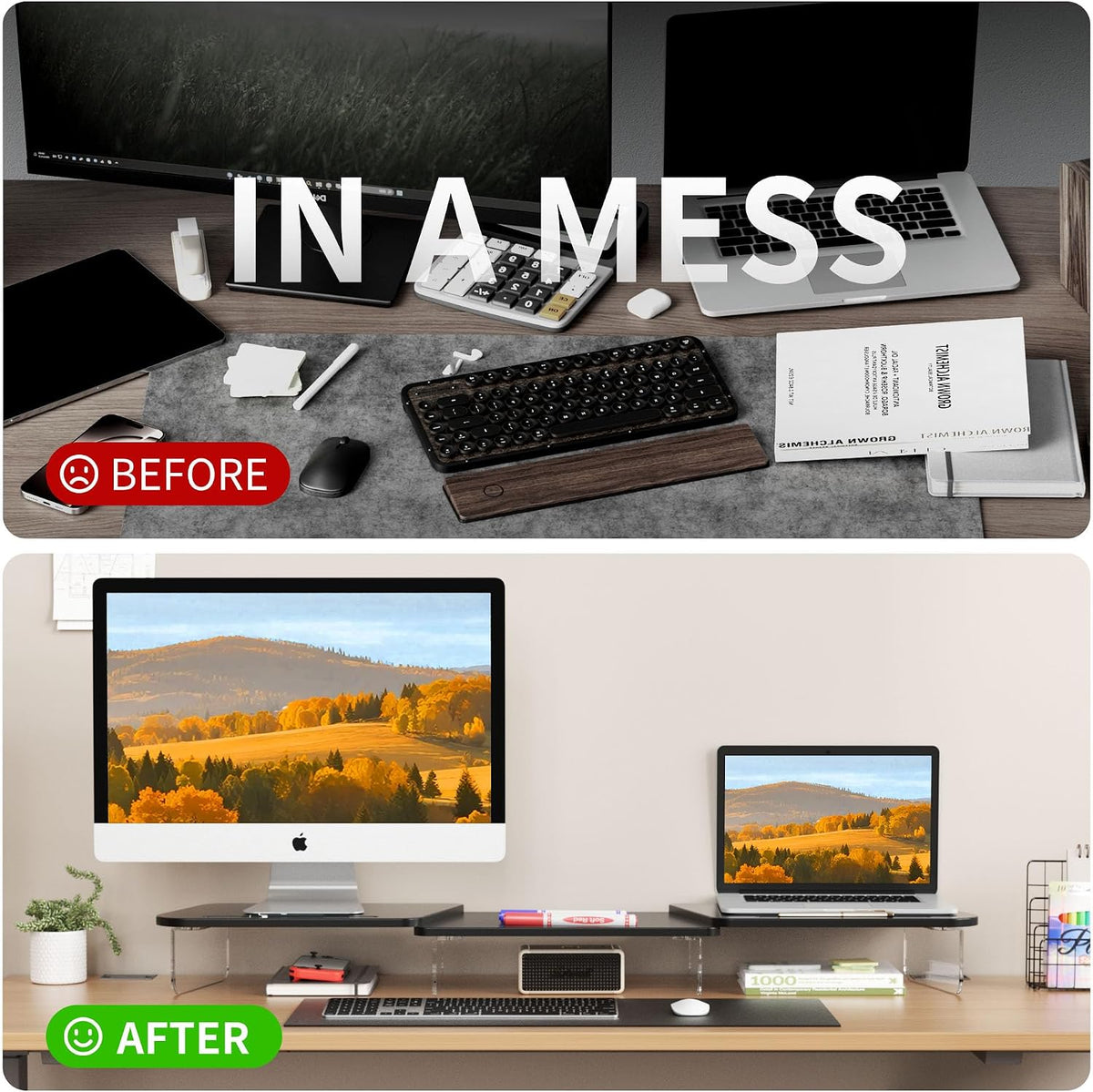 AFOOYO LED Dual Monitor Stand Riser for 2 Monitors,Office Desktop Wooden Stand Adjustable Length and Angle 3 Shelf,Extra Long Multifunctional Stand up to 39.3" for Computer,Laptop,TV,Black