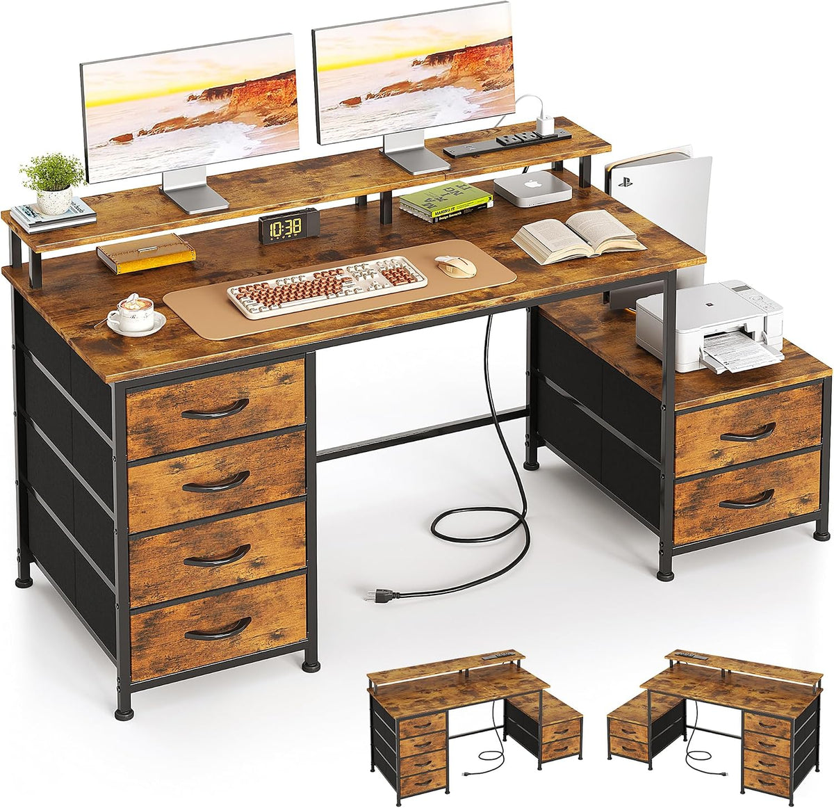 52 Inch Office Desk with 6 Drawers and Printer Space for Storage, Reversible Computer Desk with Monitor Stand & Power Outlets, Home Office Desks, Vintage Brown
