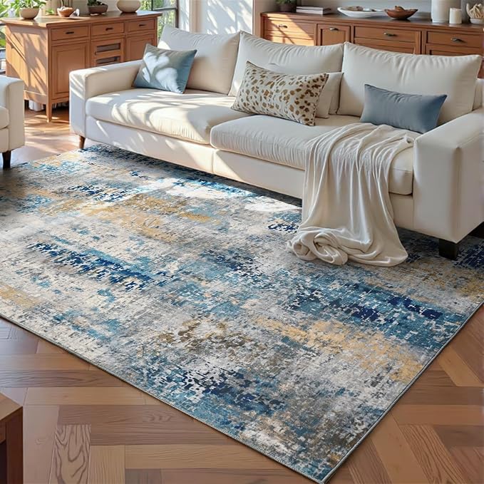 Ompaa Living Room Rug 5x8 Ultramarine Area Rug Machine Washable Boho Rug Non