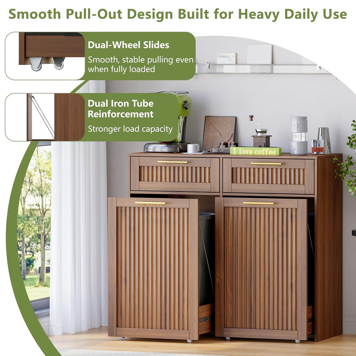 Double 13 Gallon Pull Out Trash Can Cabinet with Drawer, Garbage Cabinet