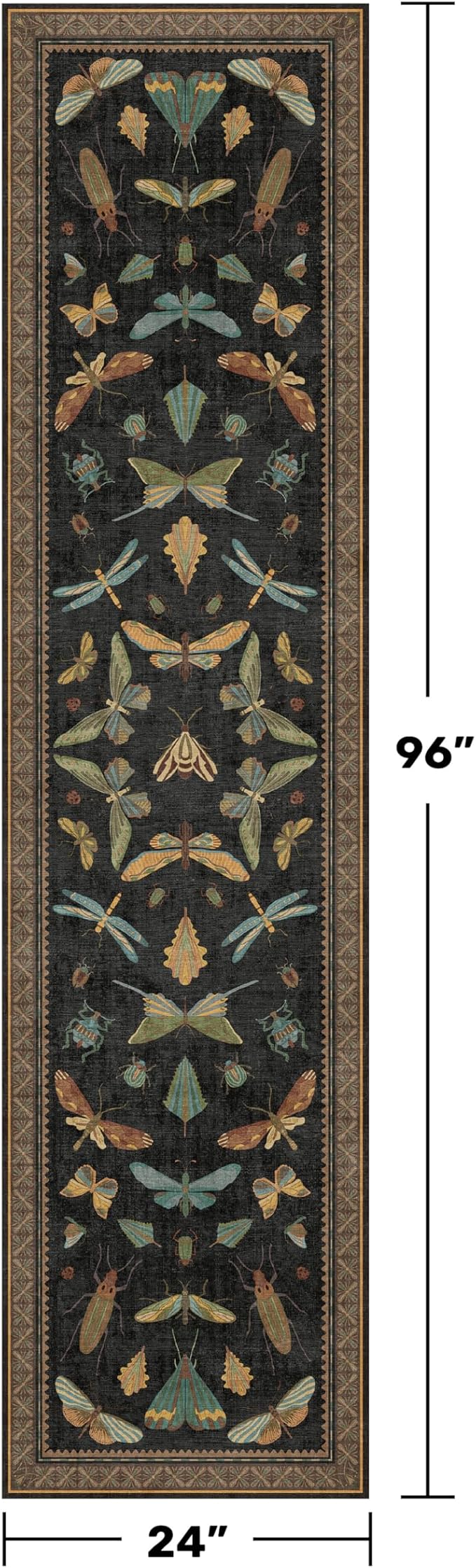 Vintage Insect 2x8 Black Entryway Runner Rug, Washable Non Slip Runners