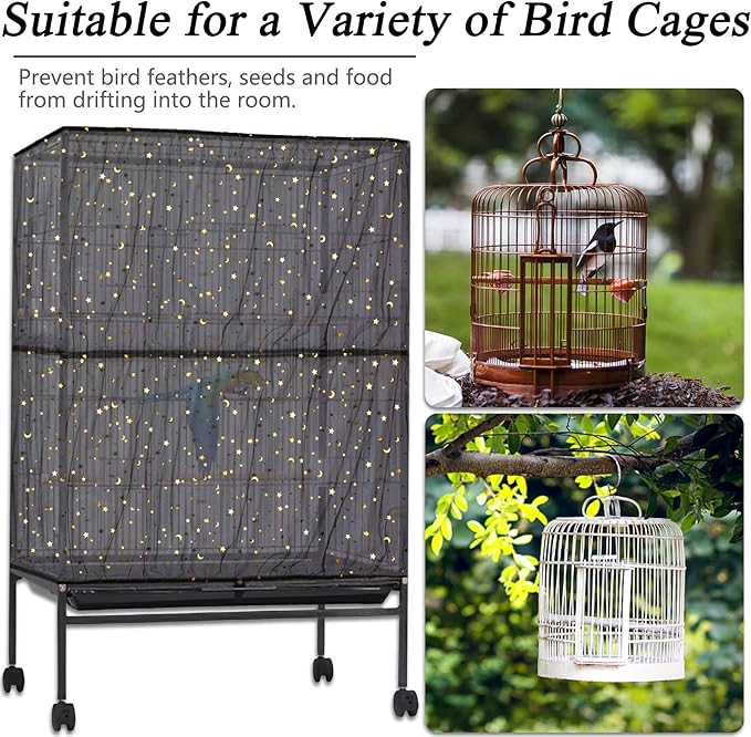 JULMELON 2Pcs Adjustable Bird Cage Seed Catcher(Black) Birdcage Nylon Mesh Cover Twinkle Star Universal Birdcage Cover for Parakeet Round Square Cage with Spring Hook