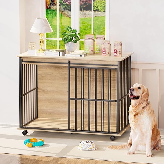43.3" Dog Crate Furniture, Dog Kennel Indoor with Wheels for Large Medium Small Dogs, Wooden Dog Crate End Table with Sliding Door, Wooden Dog Kennel Furniture for Living Room, Bedroom