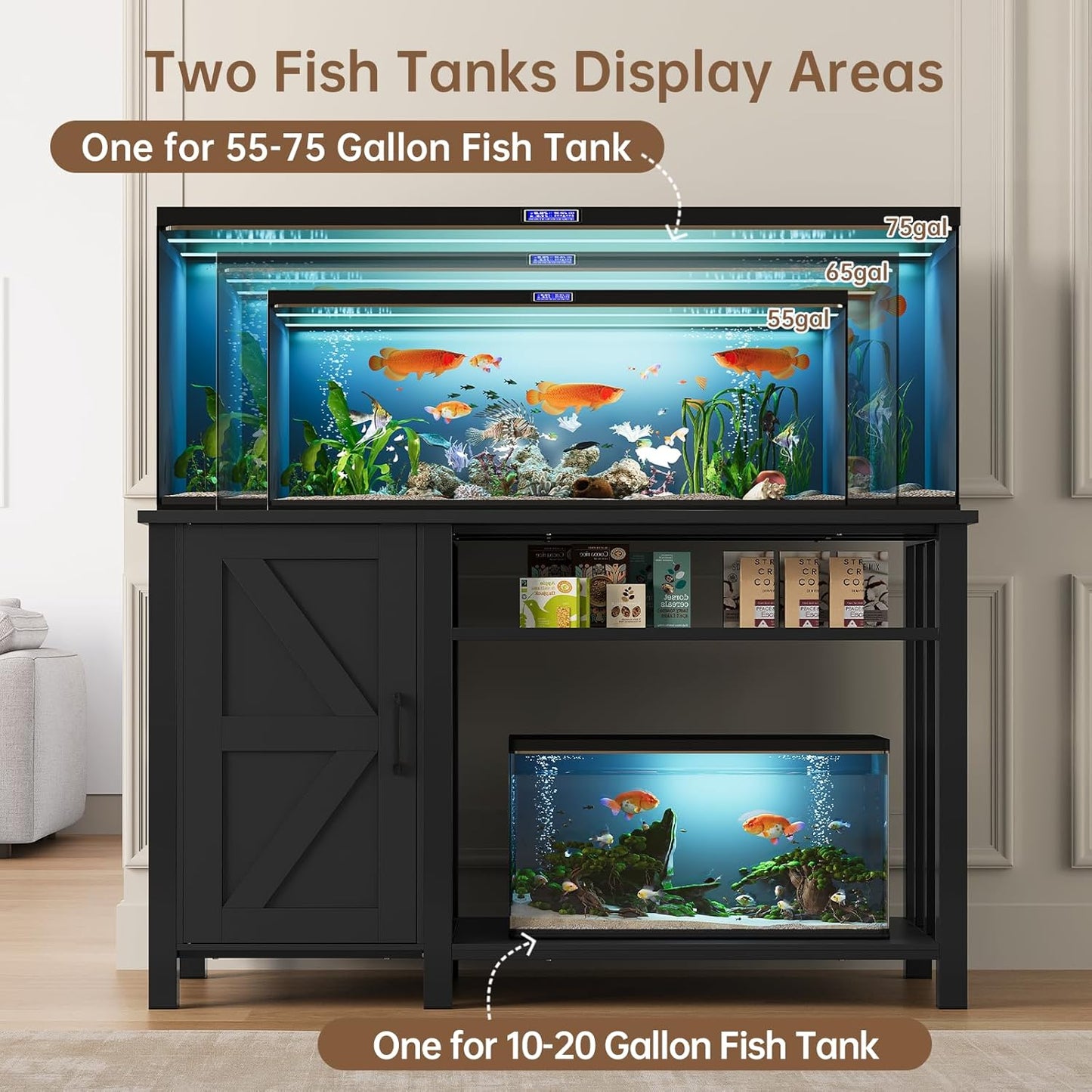 Aquarium Stand with Power Outlets, 55-75 Gallon Heavy Duty Fish Tank Stand with Cabinet Storage & Adjustable Shelf, for Fish Tank, Turtle Tank, Reptile Terrarium, 1000LBS Capacity, Black