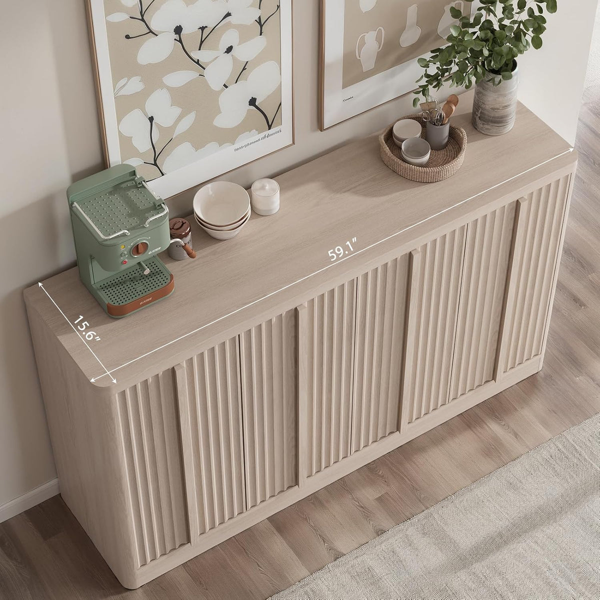 YANSNWO 60" Fluted Buffet Cabinet with Solid Wood Handles, White Alder(1PC)
