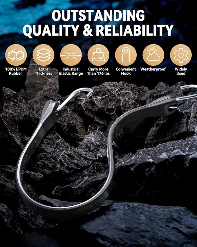 15'' Rubber Bungee Cords Heavy Duty Outdoor with 27" Max Stretch & Over 176 lbs Load, 100% EPDM Black Bungee Straps with Crimped S Hooks for Cargo, Tarps, Truck, Motorcycle, Weatherproof (30 Pack)