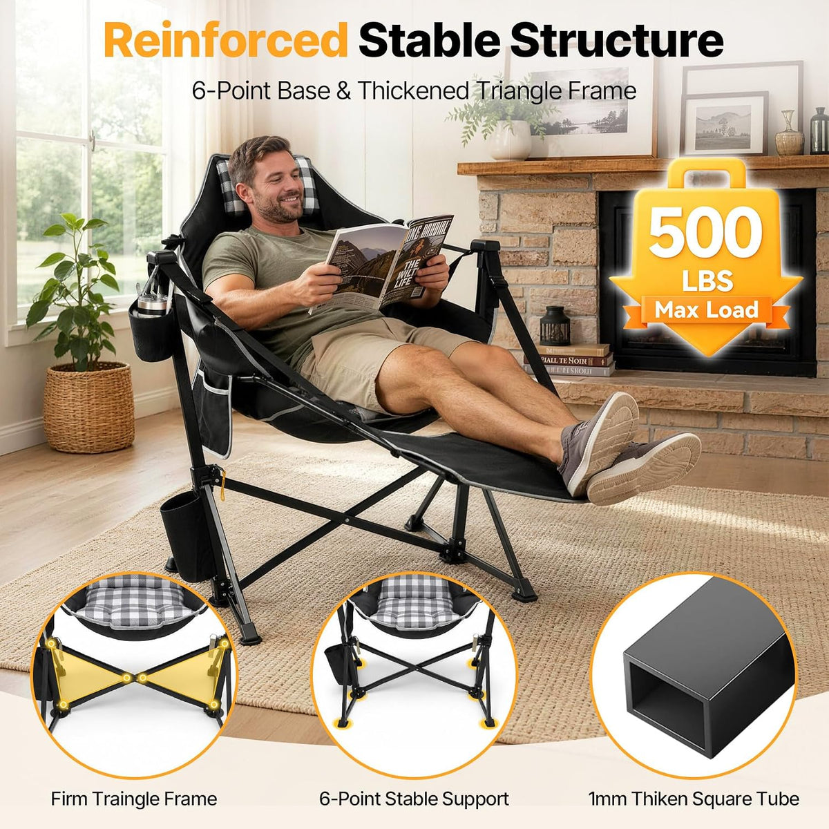 Suteck Hammock Camping Chair with Footrest, Thick Padded, Black Plaid