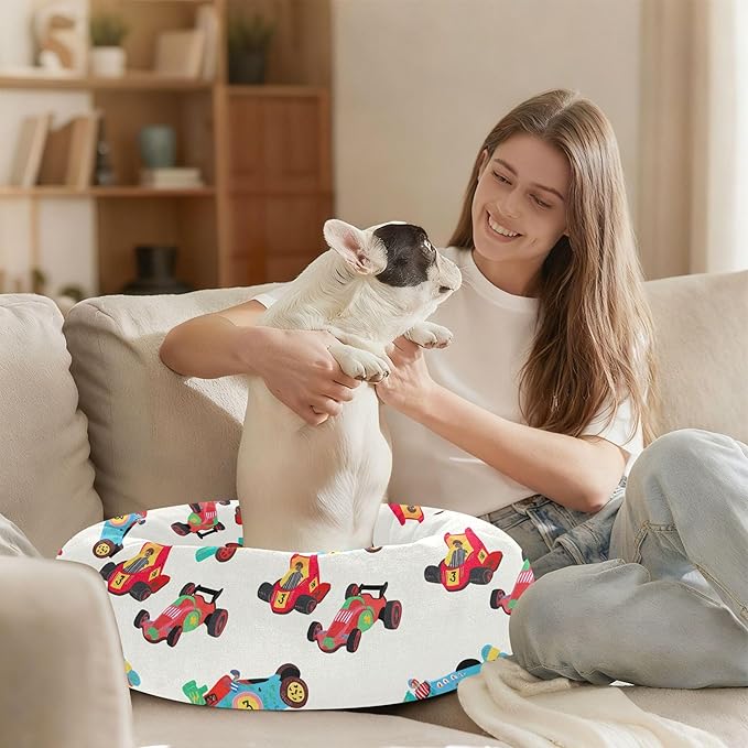 Dog Bed Race Cars Sleeping Pet Bed with Anti-Slip Bottom for Small Medium Dogs and Cats, Round Calming Sleeping Washable Puppy Beds 13 in