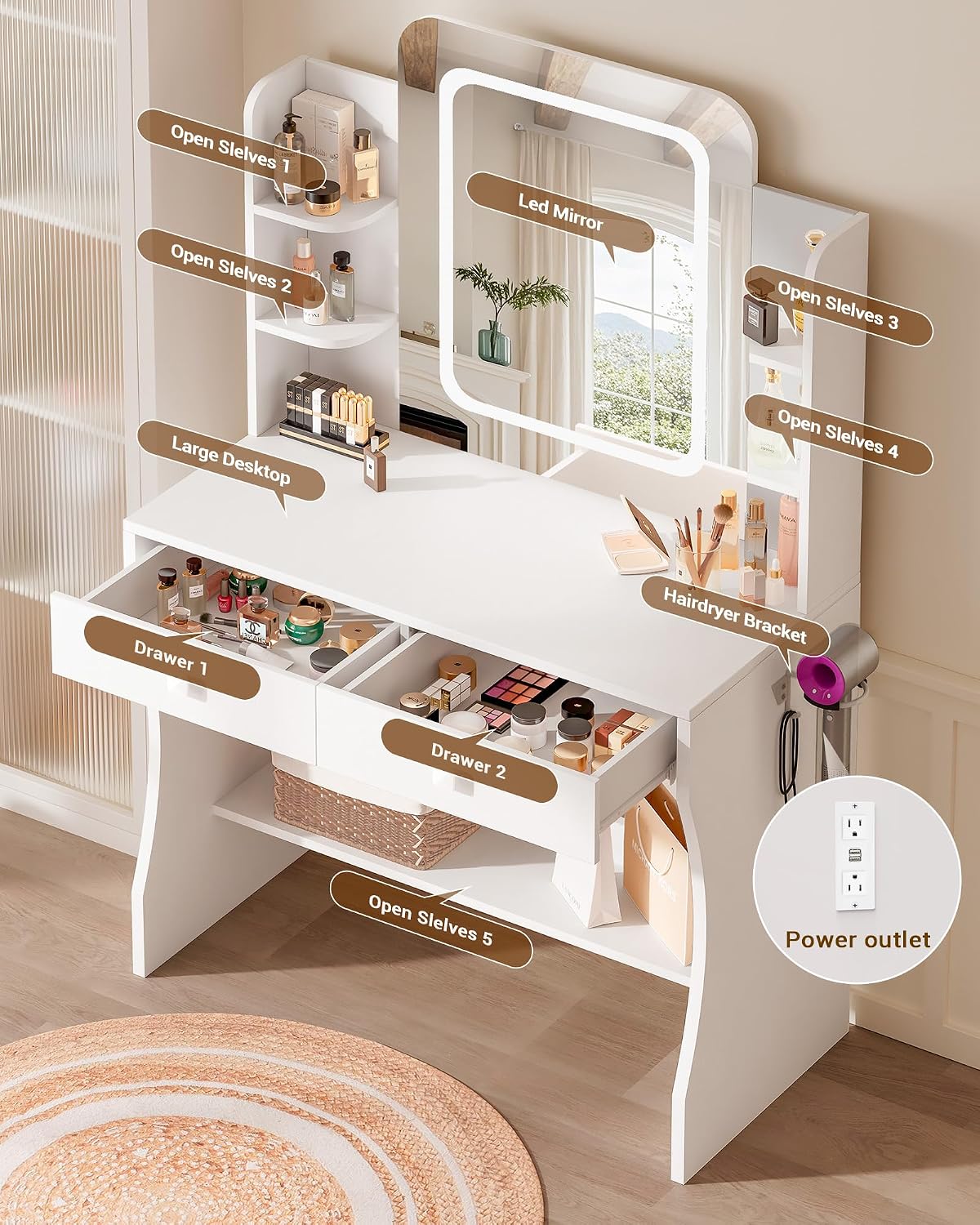 LIVELYGLOW 29.5" White Small Makeup Vanity Desk with Power Outlet & Mirror